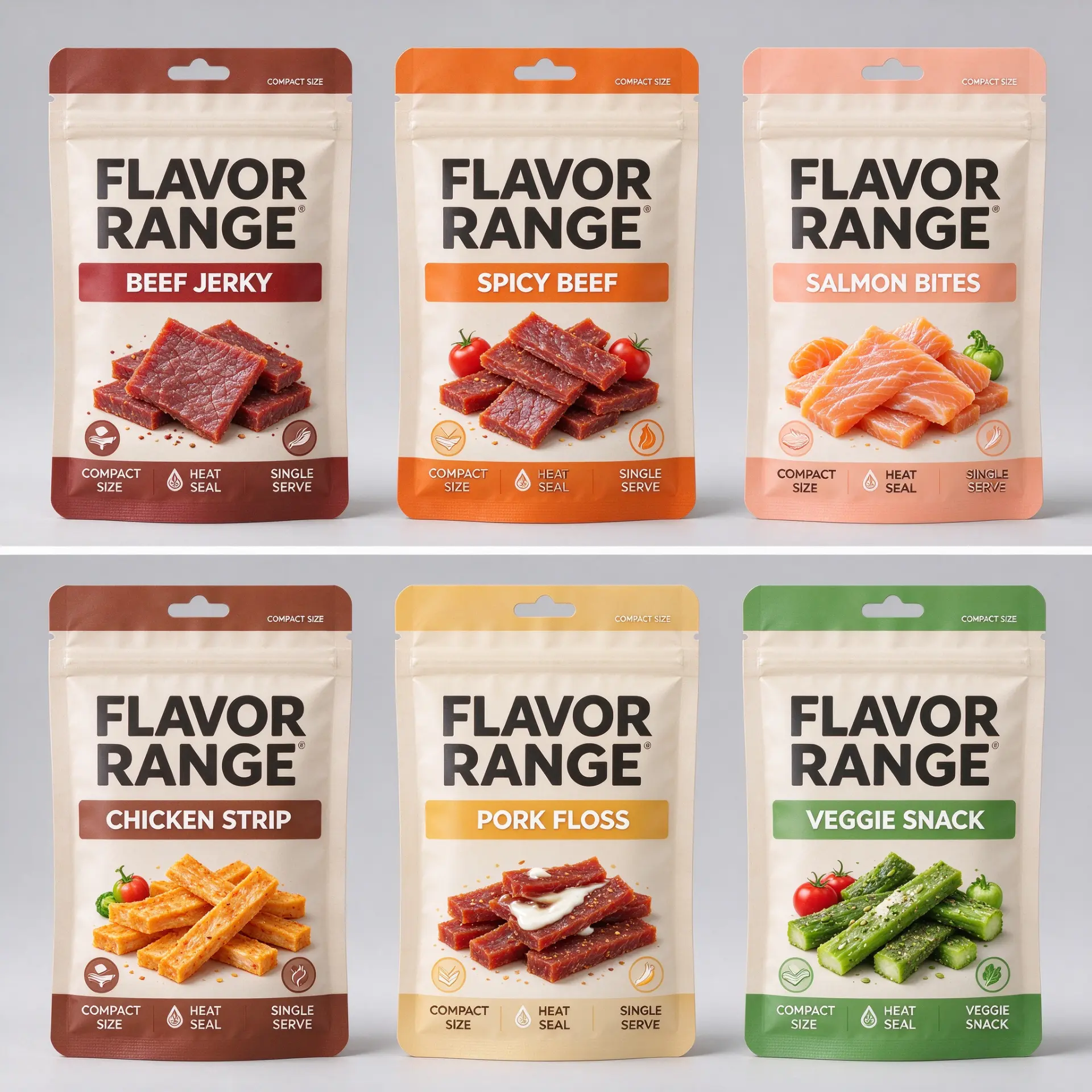 Illustrative concept — six-flavor range of compact three-side seal zipper pouches with hang holes for meat and veggie snacks. On-pack wording is artwork only. Not a customer project.