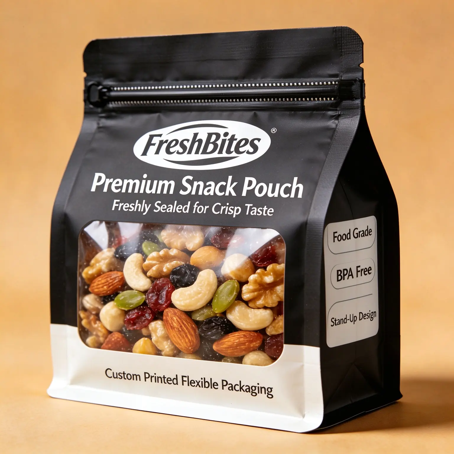 Illustrative concept — matte black flat-bottom pouch with window for mixed nuts. Not a customer project.