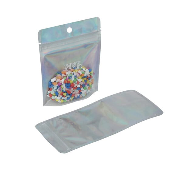 Custom Aluminum Foil Stand up Zip Lock Pouch One Side Clear Holographic Plastic Packaging Bag - Image 3