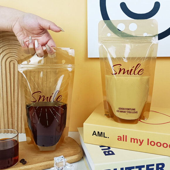 Custom Transparent Clear Frosted PE Plastic Milk Tea Juice Liquid Drink Stand Up Pouches With Straw, Hang Hole & Zipper Top - Image 4