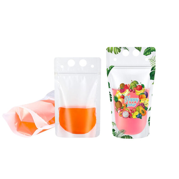Custom Transparent Clear Frosted PE Plastic Milk Tea Juice Liquid Drink Stand Up Pouches With Straw, Hang Hole & Zipper Top - Image 6