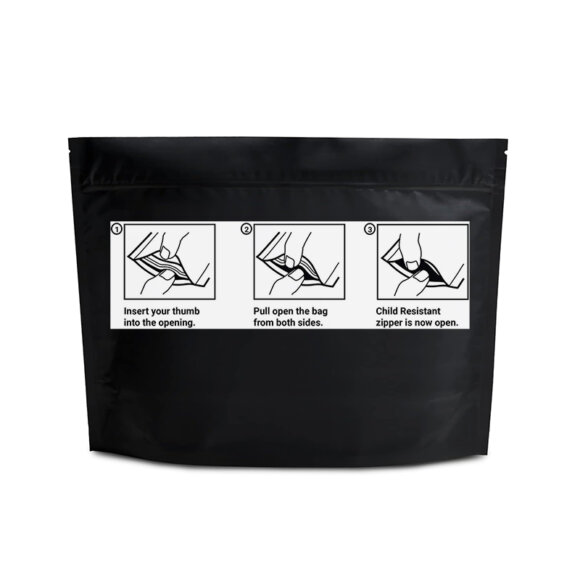 Custom Child Resistant Stand Up Pouch Black Mylar Bags | Child Proof Zipper Cali Bags 3.5g 28g | Safety Compliant Packaging Manufacturer - Image 4
