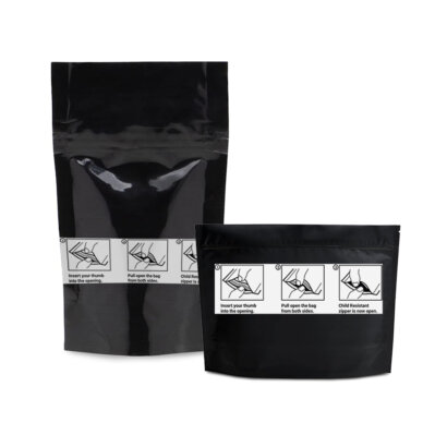 Custom Child Resistant Stand Up Pouch Black Mylar Bags | Child Proof Zipper Cali Bags 3.5g 28g | Safety Compliant Packaging Manufacturer