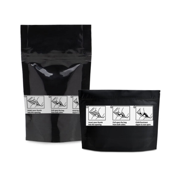Custom Child Resistant Stand Up Pouch Black Mylar Bags | Child Proof Zipper Cali Bags 3.5g 28g | Safety Compliant Packaging Manufacturer