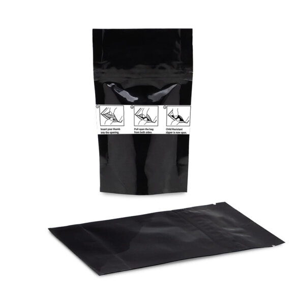 Custom Child Resistant Stand Up Pouch Black Mylar Bags | Child Proof Zipper Cali Bags 3.5g 28g | Safety Compliant Packaging Manufacturer - Image 3