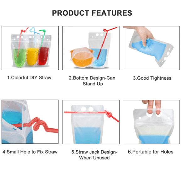 Customized Plastic Stand Up Pouch with Strap | Secure Beverage Packaging for Water, Juice & Milk | Integrated Straw & Zipper Top - Image 7