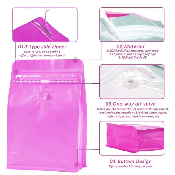 Custom Printed Flat Bottom Stand up Coffee Pouches with Degassing Valve | Resealable Zipper & Aluminum Foil Square Bottom Bags - Image 8