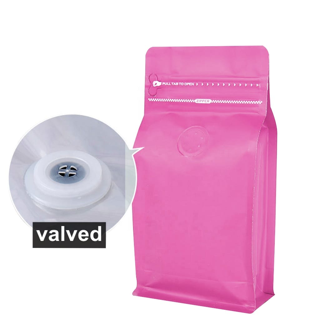 Custom Square Bottom Stand up Coffee Pouches with Degassing Valve | White Zipper & Aluminum Foil Flat Bottom Bags - Image 6