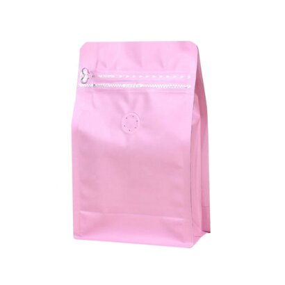 Custom Square Bottom Stand up Coffee Pouches with Degassing Valve | White Zipper & Aluminum Foil Flat Bottom Bags