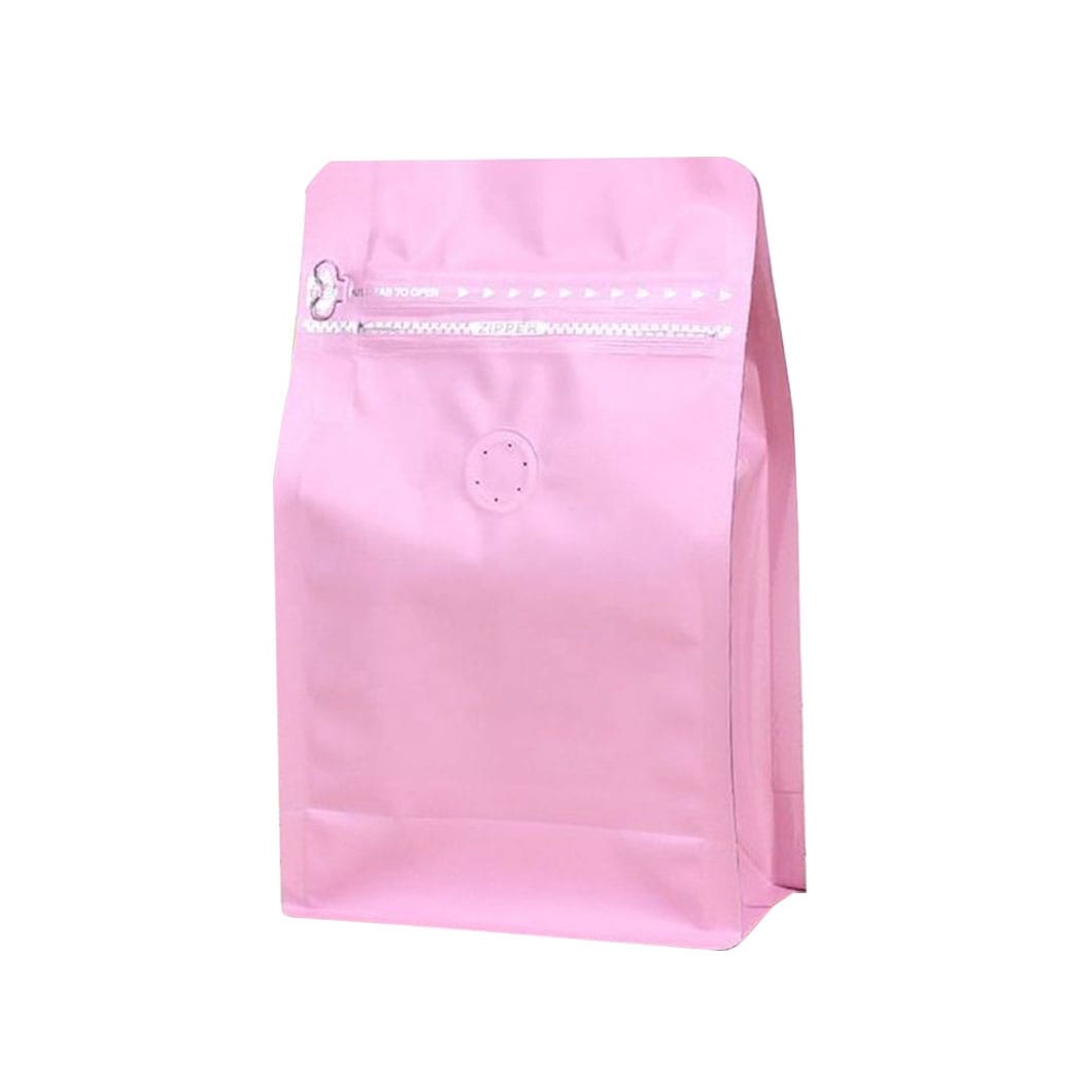 Custom Square Bottom Stand up Coffee Pouches with Degassing Valve | White Zipper & Aluminum Foil Flat Bottom Bags