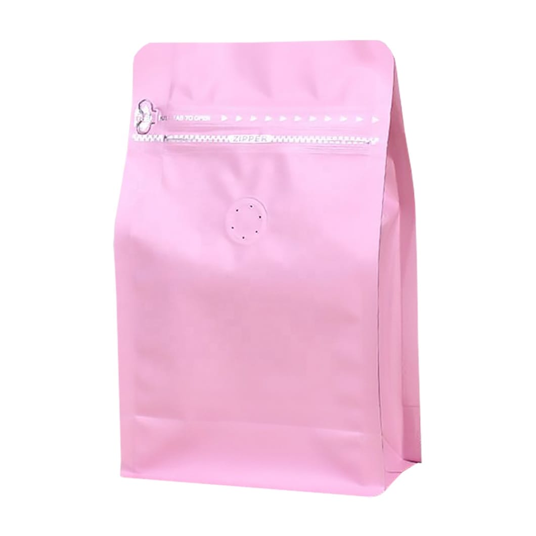 Custom Square Bottom Stand up Coffee Pouches with Degassing Valve | White Zipper & Aluminum Foil Flat Bottom Bags - Image 2