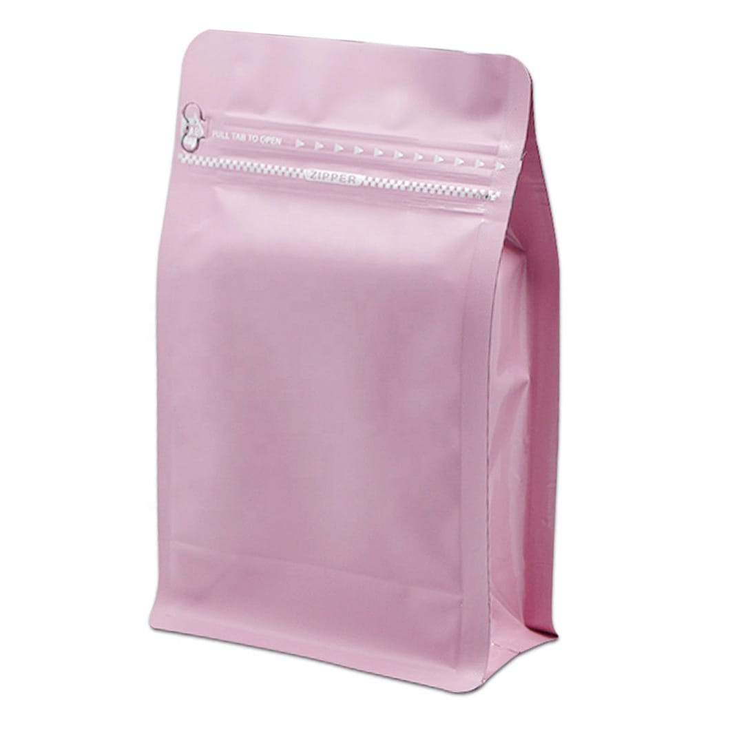 Custom Square Bottom Stand up Coffee Pouches with Degassing Valve | White Zipper & Aluminum Foil Flat Bottom Bags - Image 3