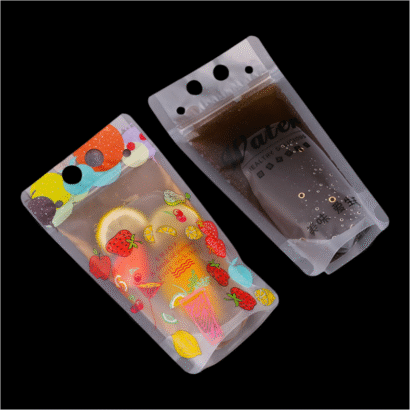 Custom Transparent Clear Frosted Handle Stand-up Bag | Leak Proof Plastic Pouches for Milk Tea Juice Liquid Drinks with Straw | Premium Beverage Packaging