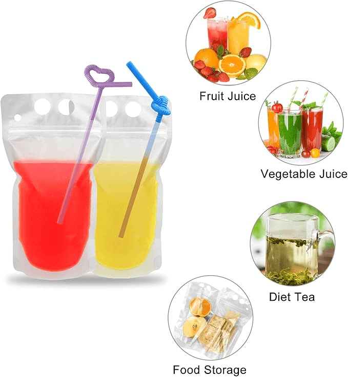 Wholesale Custom Food Grade Transparent PE Plastic Beverage Stand Up Pouches With Straw, Hang Hole & Zipper Top - Image 3