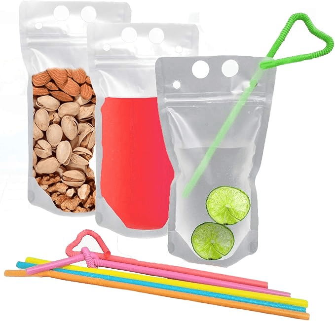 Wholesale Custom Food Grade Transparent PE Plastic Beverage Stand Up Pouches With Straw, Hang Hole & Zipper Top - Image 4