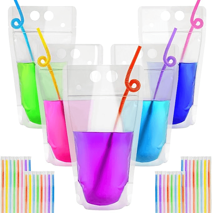 Wholesale Custom Food Grade Transparent PE Plastic Beverage Stand Up Pouches With Straw, Hang Hole & Zipper Top - Image 2