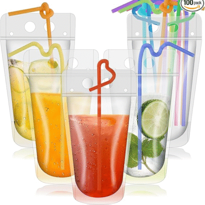 Wholesale Custom Food Grade Transparent PE Plastic Beverage Stand Up Pouches With Straw, Hang Hole & Zipper Top