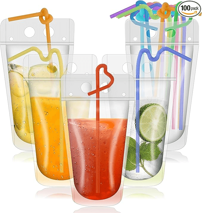 Wholesale Custom Food Grade Transparent PE Plastic Beverage Stand Up Pouches With Straw, Hang Hole & Zipper Top