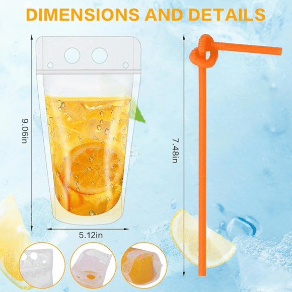 Wholesale Custom Food Grade Transparent PE Plastic Beverage Stand Up Pouches With Straw, Hang Hole & Zipper Top - Image 5