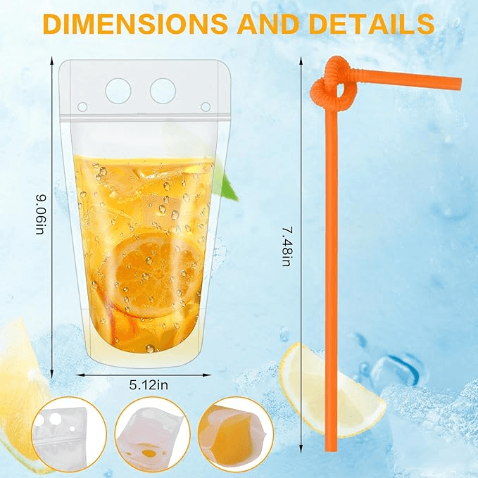 Wholesale Custom Food Grade Transparent PE Plastic Beverage Stand Up Pouches With Straw, Hang Hole & Zipper Top - Image 5