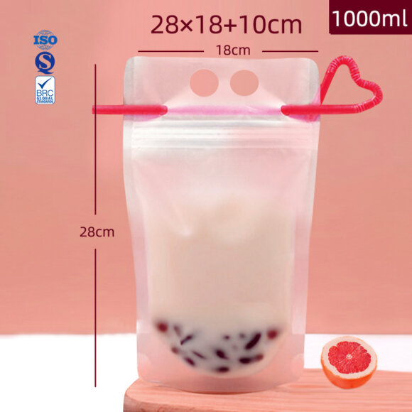 Custom Disposable Heavy Duty Hand-Held Translucent Plastic Smoothie Pouches | Adult Drink Bags with Straw & Hang Hole | Leak-Proof Stand Up Beverage Packaging - Image 5