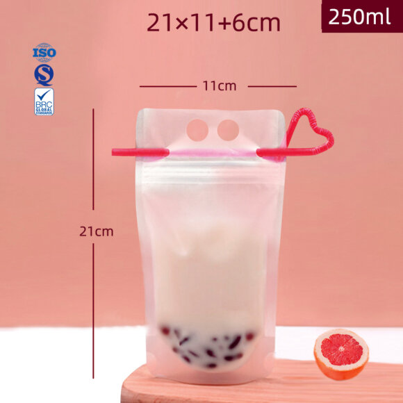 Custom Disposable Heavy Duty Hand-Held Translucent Plastic Smoothie Pouches | Adult Drink Bags with Straw & Hang Hole | Leak-Proof Stand Up Beverage Packaging - Image 3
