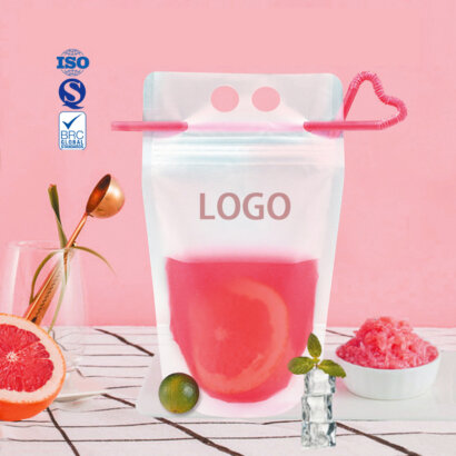 Custom Disposable Heavy Duty Hand-Held Translucent Plastic Smoothie Pouches | Adult Drink Bags with Straw & Hang Hole | Leak-Proof Stand Up Beverage Packaging