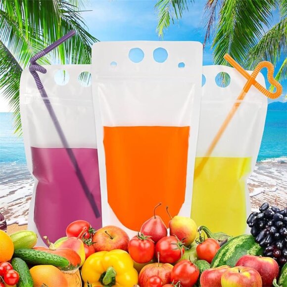 Custom Disposable Heavy Duty Hand-Held Translucent Plastic Smoothie Pouches | Adult Drink Bags with Straw & Hang Hole | Leak-Proof Stand Up Beverage Packaging - Image 7